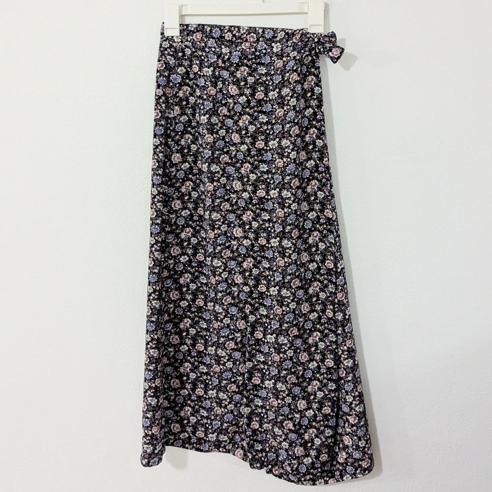 Vintage Y2K Tie Wrap Floral Midi Skirt Slit Ditsy Floral Black Purple XS